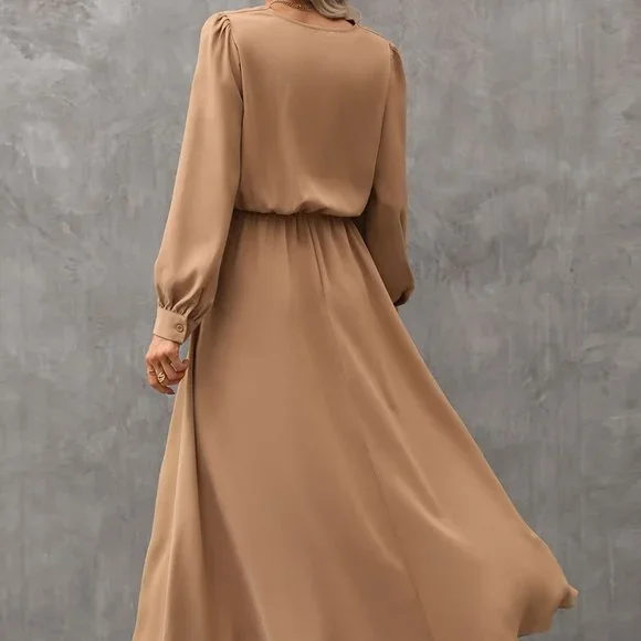 Brand new Draped Collar Bishop Sleeve Dress Camel - Picture 5 of 9